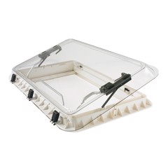 Taklucka med transparent panel och crèmevit ram. Justerbara stödarmar för öppning och säkring.